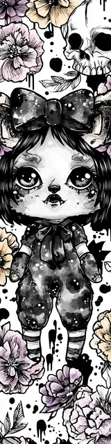 Free kawaii cats bookmark featuring a white cat with black skull details